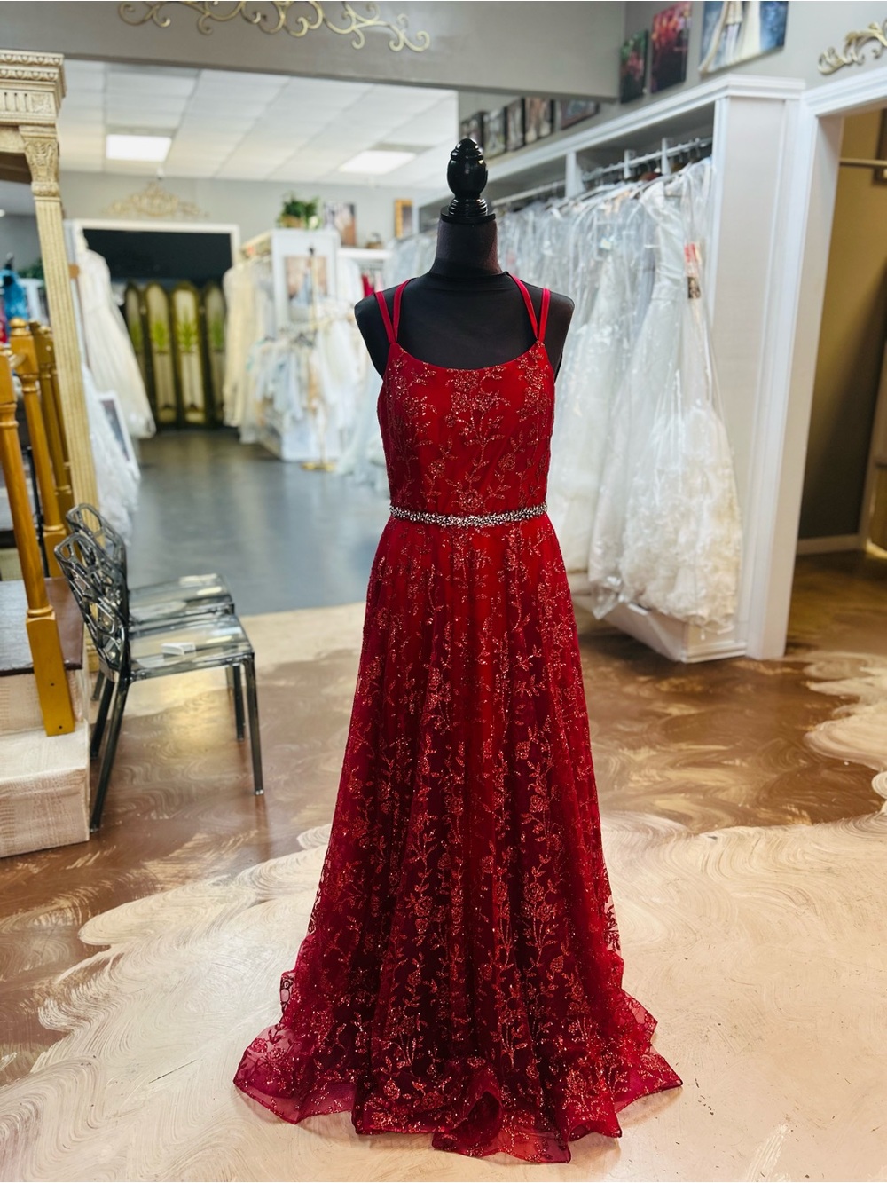 Cecilia Couture Red Lace Prom Dress with Beaded Waist